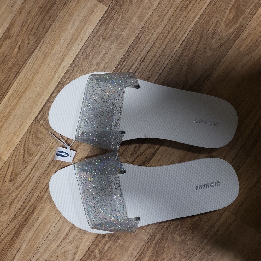 𝅺OLD Navy Sparkling Rubber Slip On Size 11 White and Silver Rainbow Glitters